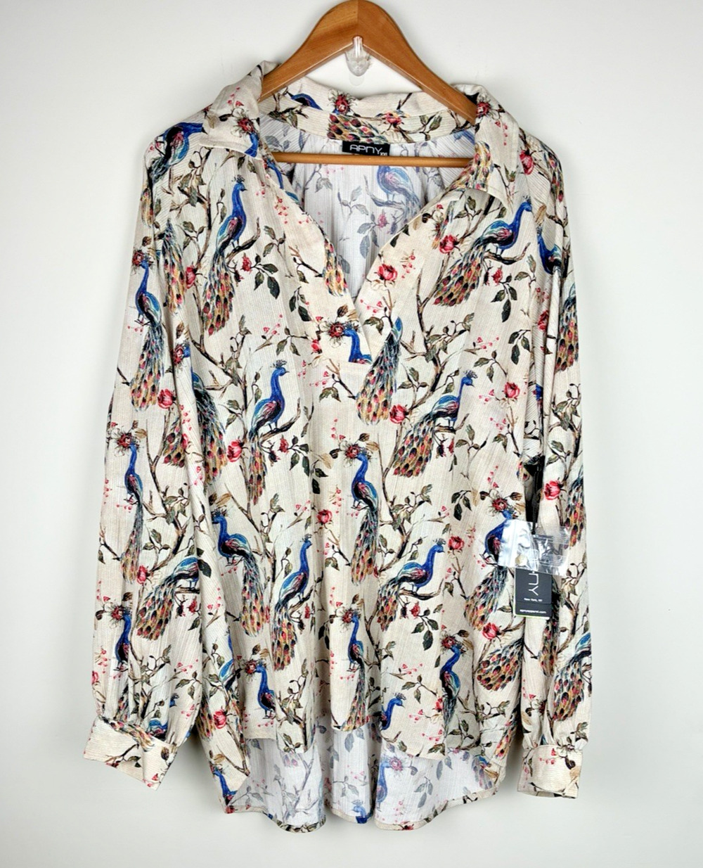 APNY XXL Peacock Floral Blouse Boho Artsy Bird Print Long Sleeve Tunic NWT
